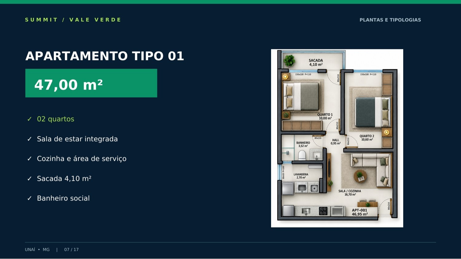 Apartamento tipo 01, 47,00 metros quadrados