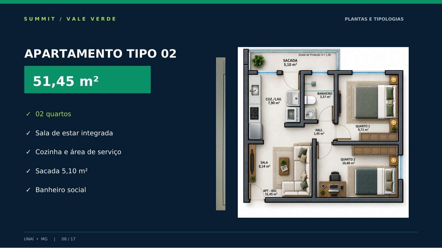 Apartamento tipo 02, 51,45 metros quadrados
