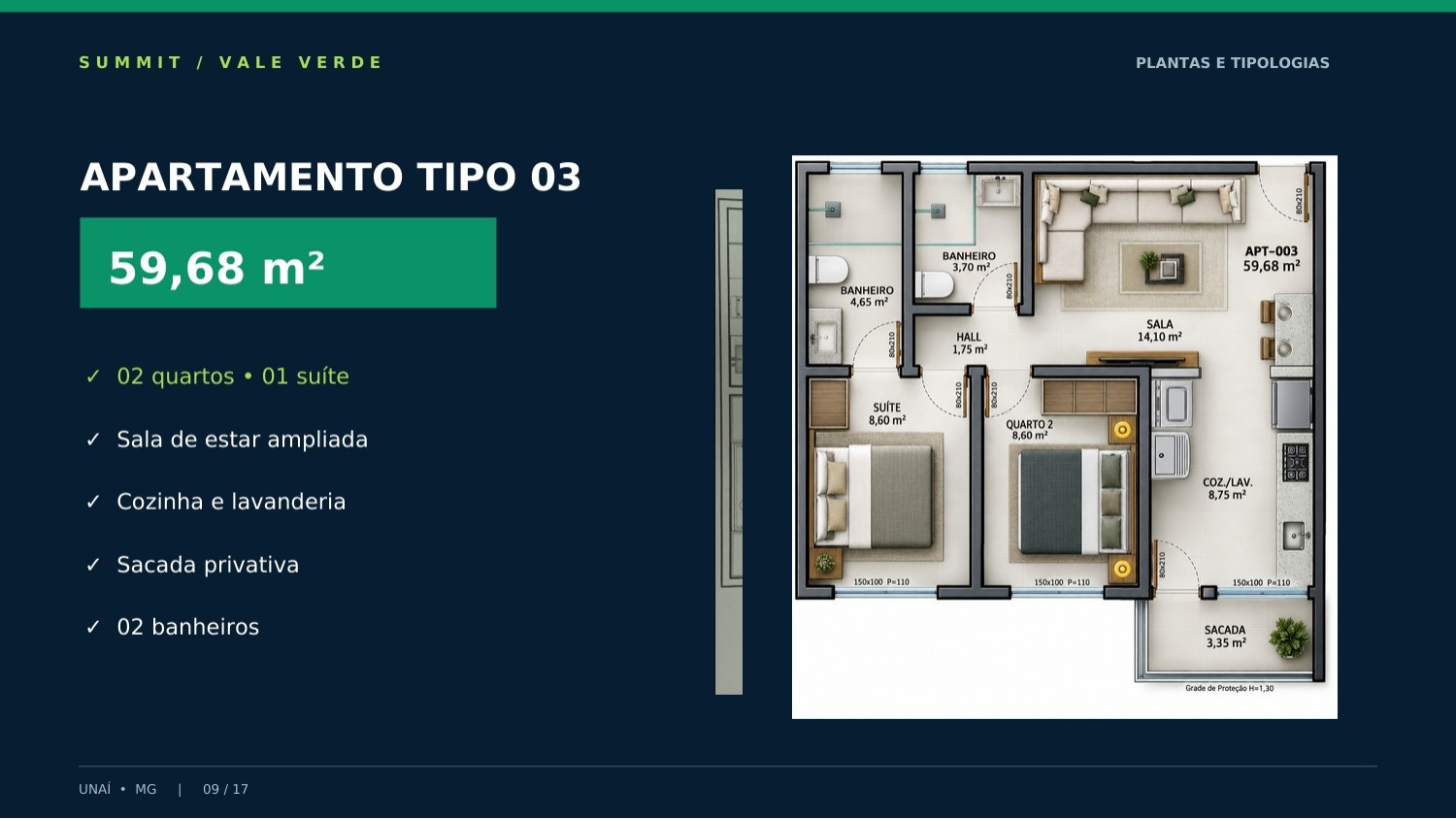 Apartamento tipo 03, 59,68 metros quadrados