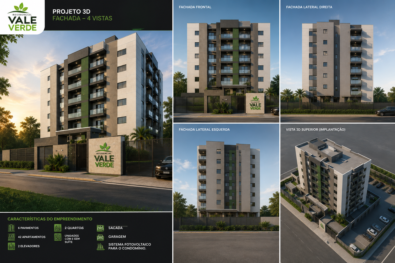 Perspectivas das fachadas e da implantação do Residencial Vale Verde