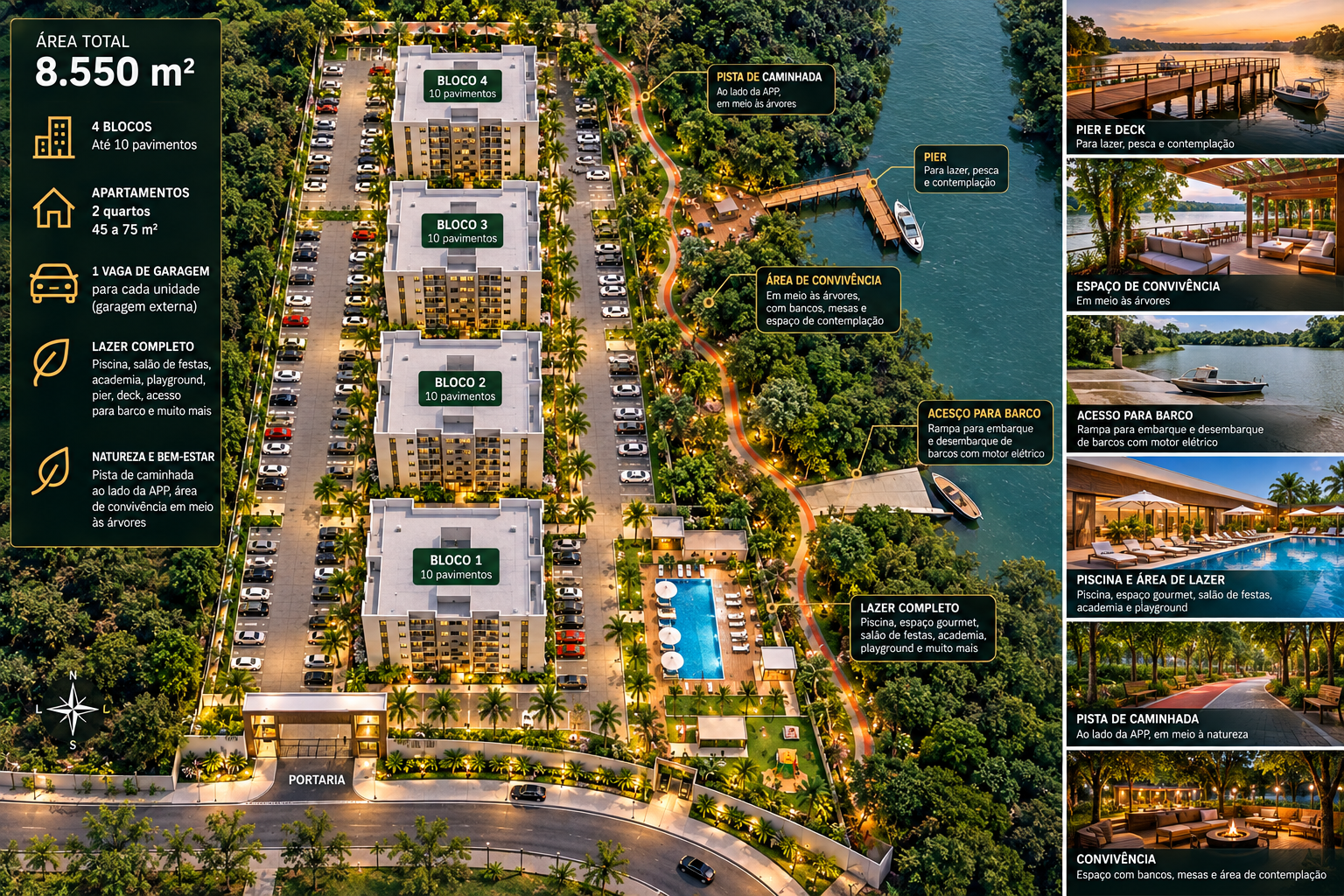 Masterplan ilustrativo do Residencial Park Cachoeira com implantação e áreas de lazer à beira-rio